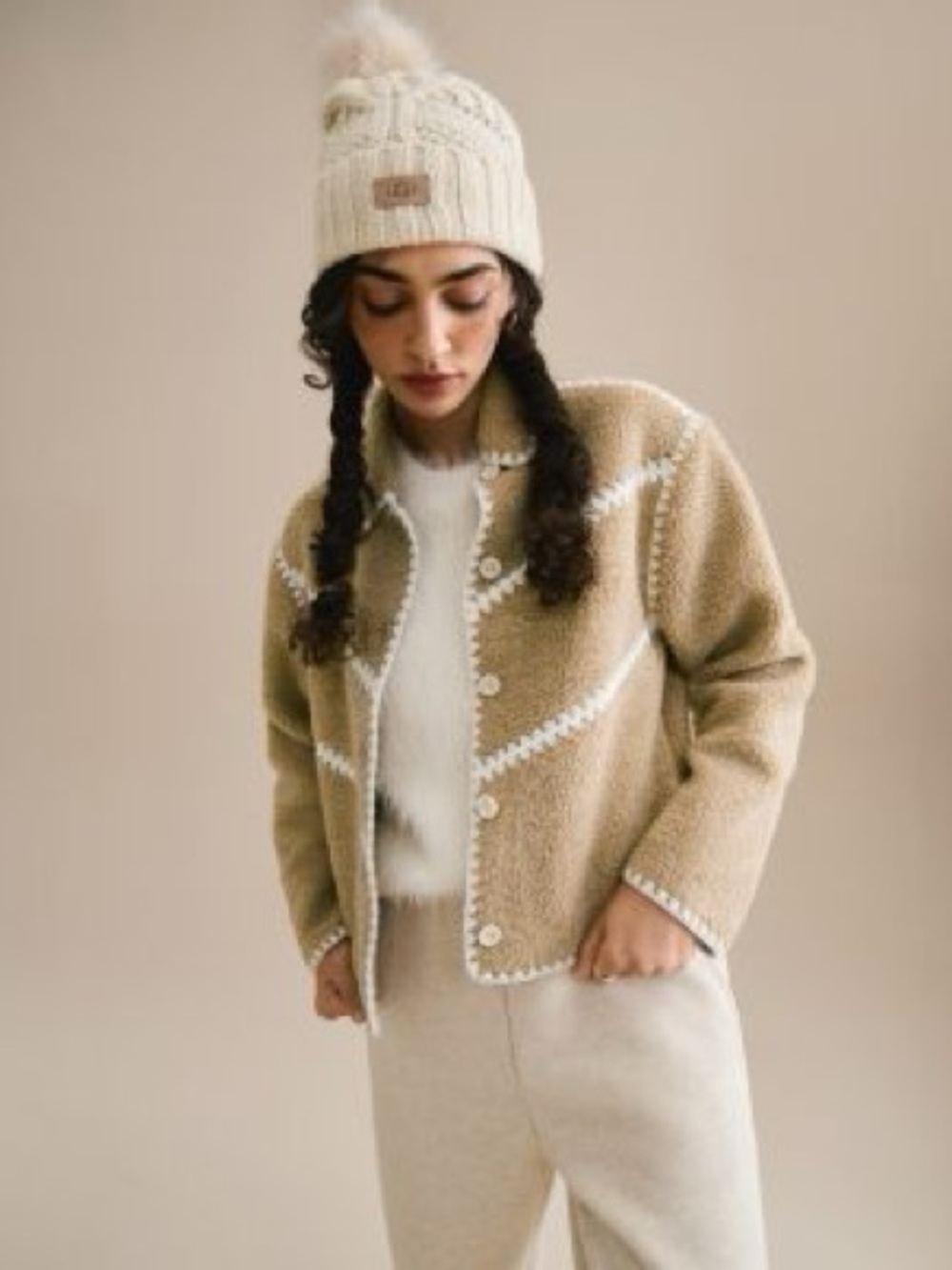 UGG Cream Cable-Knit Pom Beanie with Faux-Fur Pom